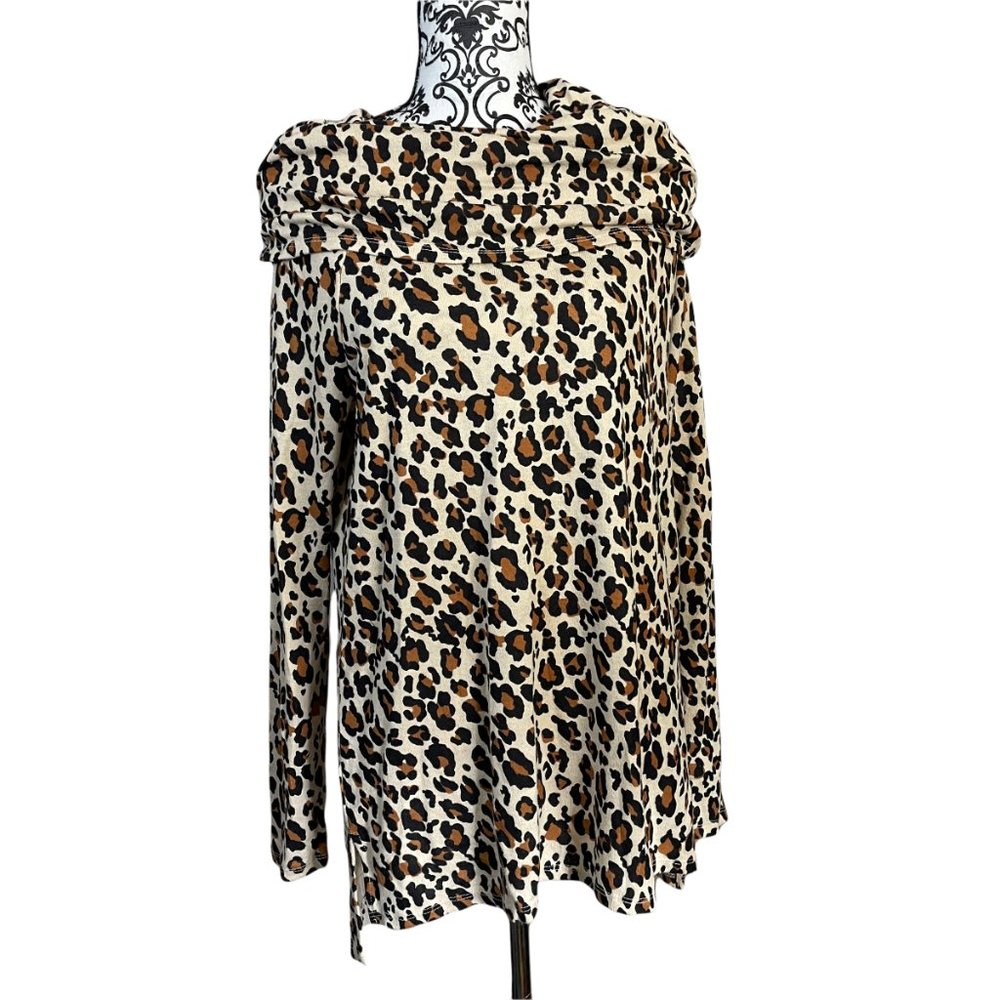 Gibsonlook Leopard Animal Print Convertible Neckline Cozy Fleece Tunic Small - Picture 2 of 7
